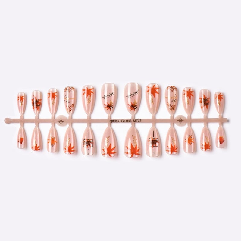 SEENEEY Thanksgiving Medium Long Press on Nails Almond Fake Nails Nude Artificial Nail Red Maple Leaves Designs Stick on Nail for Women 24pcs - Image 2